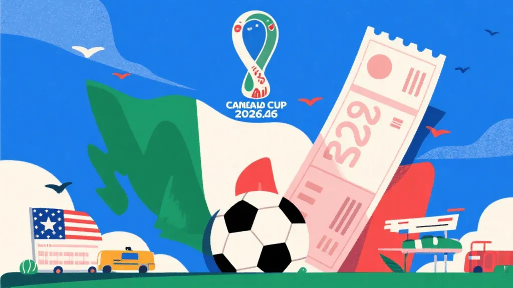 2026年美加墨世界杯概念图，包含足球与高昂旅行账单元素